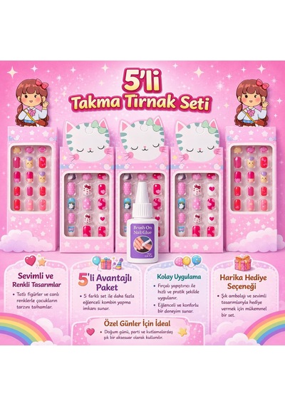 5 Li Çocuk Takma Tırnak Seti, Renkli Ve Desenli Kız Çocuk Takma Tırnakları, Sevimli Tasarımlı Nail Art Seti, Çocuklar İçin Eğlenceli Tırnak Aksesuarı, Kolay Yapışan, Tekrar Kullanılabilir Set
