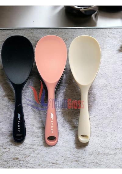 Sert Uçlu Isıya Dayanıklı Yanmaz Yapışmaz Silikon Kaşık 3&apos Lü Set, 22 Cm, Siyah-somon-krem