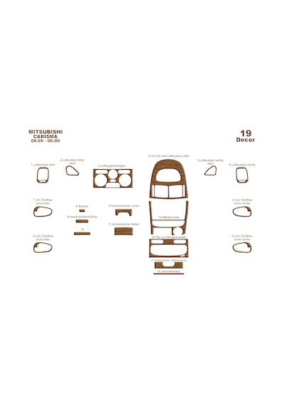 Mitsubishi Carisma Torpido Kaplama 1995-1999 19 Parça Açık Meşe
