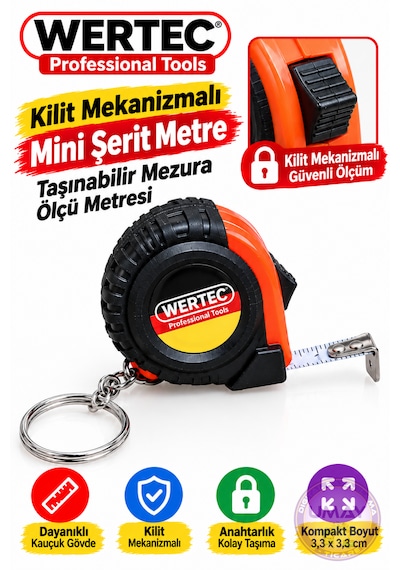 1 Metre Mini Şerit Metre Kilit Mekanizmalı Taşınabilir Cep Tipi Mezura Ölçü Metresi 3,3x3,3 Cm 1 M
