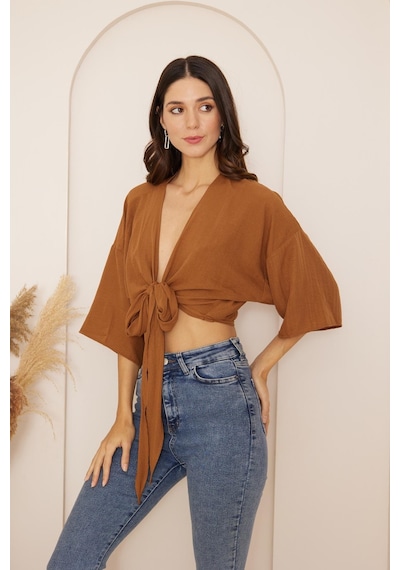 Darlin Moda Kahverengi Önden Bağlamalı Crop Kimono Dm7004 Kahverengi