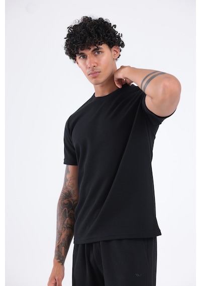 Rowinger Waffle Dokulu Nakış Logo Detaylı Oversize Erkek T-shirt Siyah