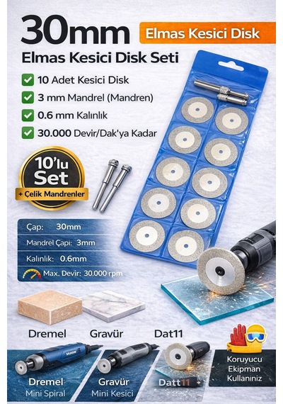 Senbang 30 Mm Elmas Kesici Disk Seti 10 Lu + 2 Mandren Cam Mermer Seramik Taş Kesme Mini Matkap Uyumlu