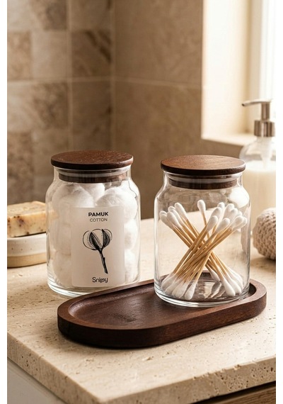 Velar - Bambu Standlı Vakum Bambu Kapaklı Etiketli Banyo Düzenleyici Cam Banyo Seti Banyo Organizeri Kahverengi