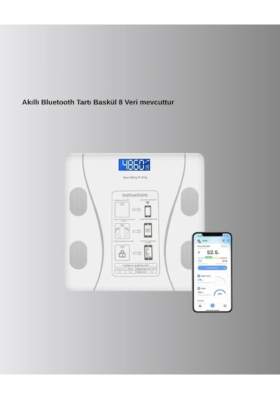 Bluetooth Akıllı Tartı 8 Fonksiyonlu Dijital Baskül, 180 Kg Kapasiteli Renkli