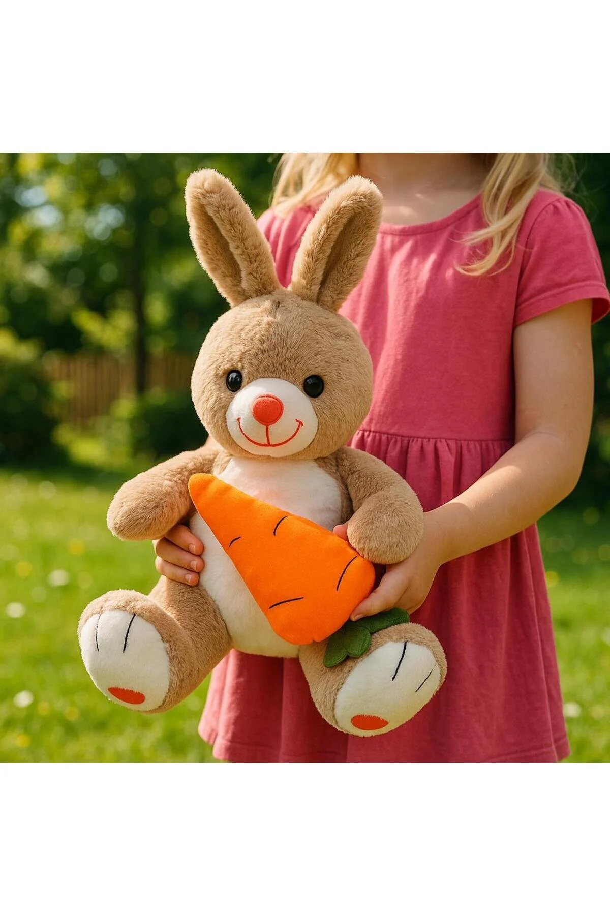 Havuçlu Tavşan Pembe 50 Cm Çocuklara Özel Sevimli Peluş Açık Bej