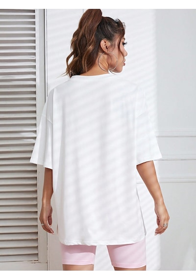 Ayı Cep T-shirt - Beyaz Baskılı Oversize Bisiklet Yaka Kısa Kol Tişört Beyaz