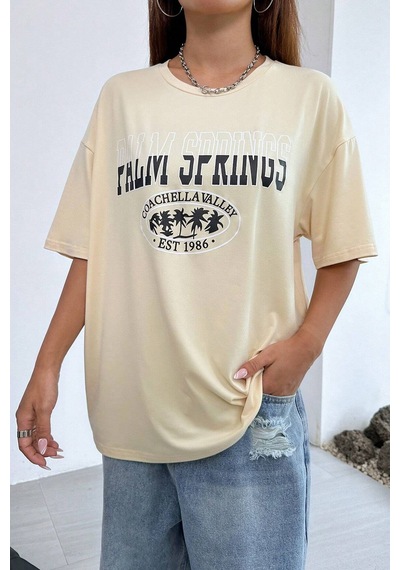 Sırt Baskılı Tasarım Tshirt Bej