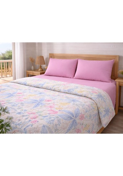 Faralya Life Baskılı Çift Kişilik Pike Takımı 200x220 Cm Pike 240x260 Çarşaf 2 Adet 50x70 Yastık Kılıfı %100 Pamuk Yumuşak Dokulu Yatak Örtüsü Seti Pembe