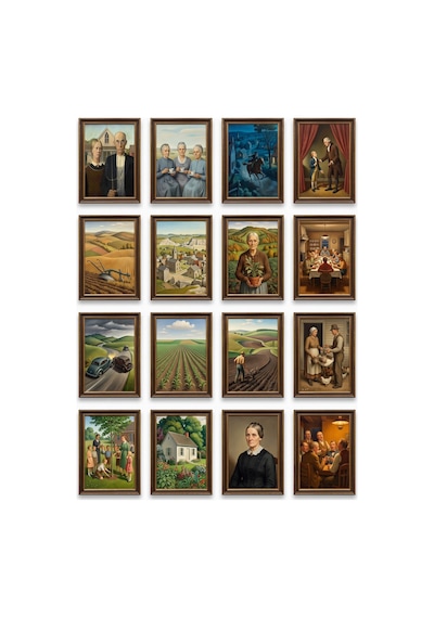 Grant Wood Tabloları 16'lı Sticker Seti Laptop Defter Planlayıcı Çerçeveli Etiket Çok Renkli