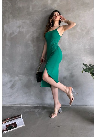 Nido Moda Kadın İp Askılı Yırtmaçlı Midi Dalgıç Elbise Yeşil