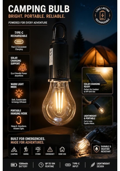 Type C Şarjlı Kamp Lambası Solar Şarj Destekli Taşınabilir Led Kamp Ampulü Sıcak Işık Modlu Askılı Acil Durum Çadır Lambası Outdoor Gece Lambası