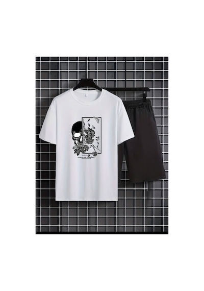 Medinenur Kuru Kafa Baskılı T-shirt Short Bol Paça Rahat Kalıp Siyah Alt Siyah Üst Short Takım Beyaz