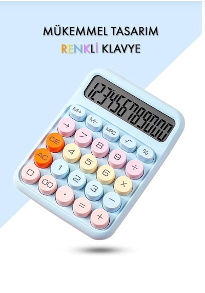 12 Haneli Güneş Enerjili Hesap Makinesi - Açılı Geniş Ekran, Çift Güç Kaynağı Solar Pil Küçük Boy Mavi