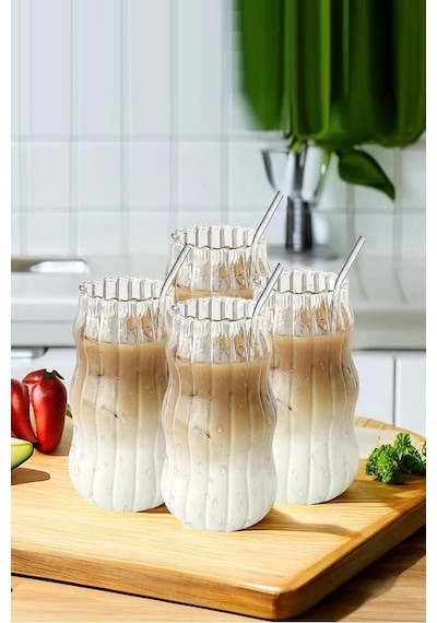 4'lü Pipetli Sukabağı Şekli Latte Bardak Seti Iskandinav Tarz Cam Bardak Kahve Kokteyl Sunum Bardağı