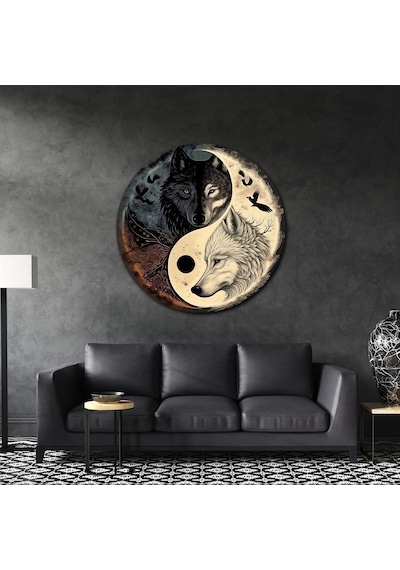 Yin Yang Kurtlar Yuvarlak Metal Tablo