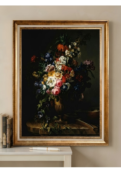 Gold Varaklı Vintage Çerçeveli Büyük Boy Tablo Dark Floral Klasik Sanat Eseri Dokulu Yağlı Boya Dekoratif Tablosu 50 X 70 Çerçeveli 60 X 80