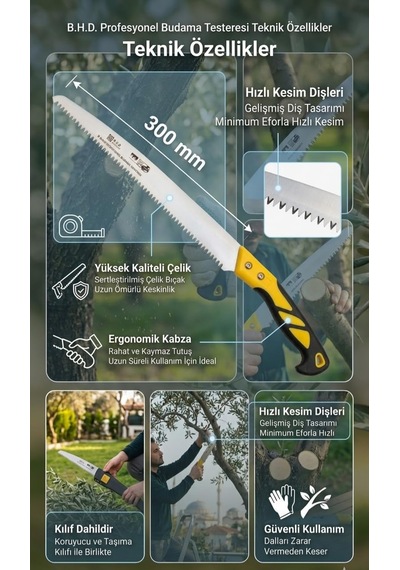 Tr 300 Mm Budama Testeresi - Kılıflı Profesyonel Bahçe Testeresi, Keskin Dişli El Testeresi, Ağaç Kesme Ve Peyzaj