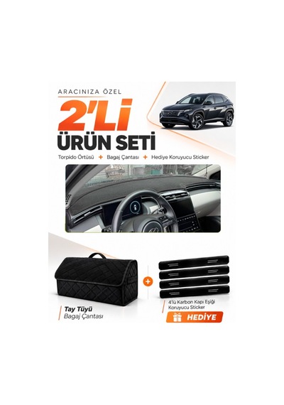 E-biz Hyundai Tucson 2021-2024 Uyumlu Torpido Örtüsü + Tay Tüyü Bagaj Çantası Seti - Siyah - Hu037