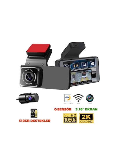 Navimex Dvr-411 3.16" Araç İçi Kamerası Dvr Wi-fi Lcd Ekranlı Gece Görüşlü 2 Kameralı 2k+1k G-sensör