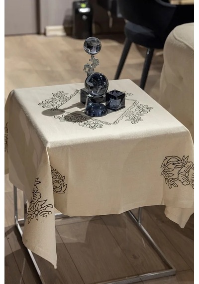 El Baskılı Doğal Pamuk Keten Fiskos Örtüsü 105x105 Cm Şık Tasa