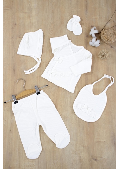 Sitilin Kız Bebek Natural Pamuk Kumaş 5 Li Lüks Hastane Çıkışı Seti Stl6872 Beyaz