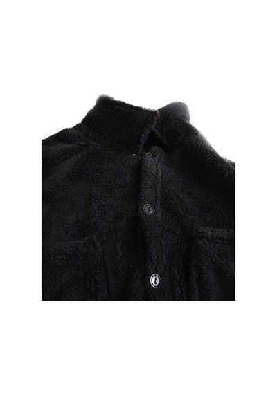 Kadın Slimfit Peluş, Polar, Düğmeli, Teddy Gömlek Yaka, Cepli, Sıcak Tutucu Yumuşak Kışlık Ceket Siyah