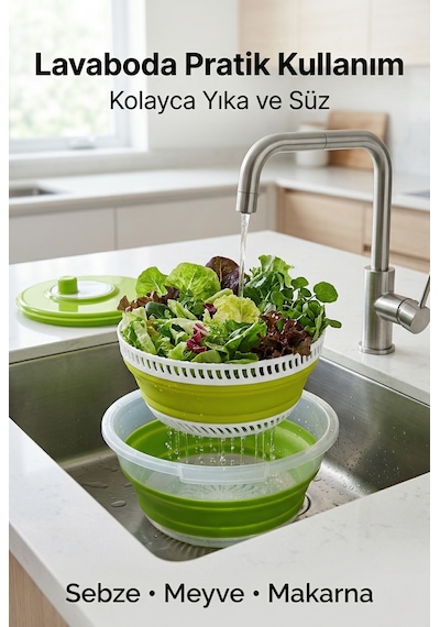 Katlanabilir Salata Kurutucu - Süzgeç Ve Kase Seti - 3 Ü 1 Arada 4.5 Litre Yeşil