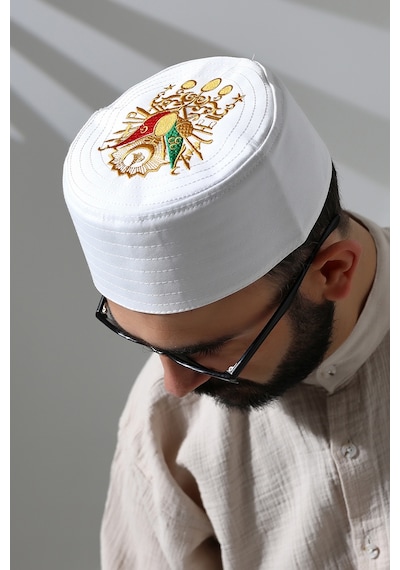 Osmanlı Arma Desenli Kalıp Kumaş Takke Beyaz