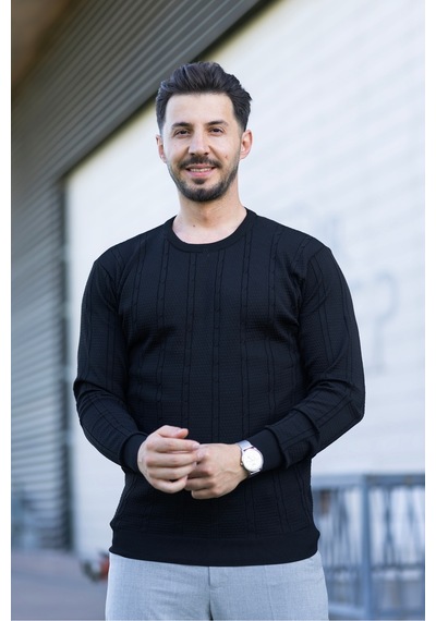 Hk Premium Erkek Fitilli Triko Kazak Slim Fit Bisiklet Yaka Likralı Kışlık Sweatshirt Siyah Hk Premium Erkek Fitilli Triko Kazak Slim Fit Bisiklet Yaka Likralı Kışlık Sweatshirt Siyah