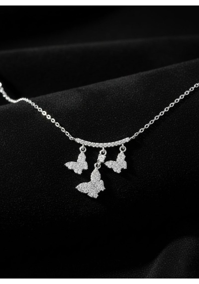 925 Ayar Rodyum Zirkon Taşlı Sallantılı 3'lü Kelebek Charmlı Gümüş Kolye Gümüş - Rodyum