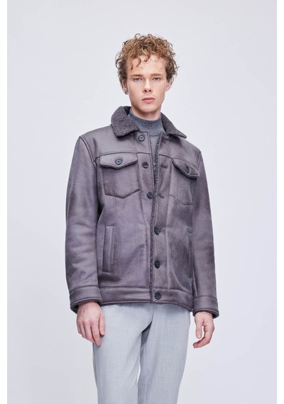 Hatemoğlu Gri Slim Fit Bebe Yaka Deri Mont