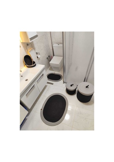 Jüt Hasır 6 Lı Banyo Paspas Takımı Bohem Tarzı Paspas:50x80/ 40x60 /çamaşır Sepet 40x36 ,25x27 Siyah Gri Siyah Gri