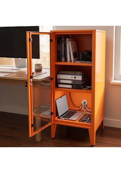 Alfafonet Ziglat Serisi Kilitli Metal Home Office Dolabı Cam Kapaklı Turuncu Ral 2004 450x1050x450 Mm