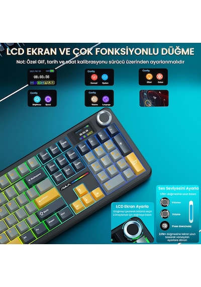 Aula F108 Pro Ekranlı Mekanik Klavye Reaper Switch Rgb Hot Swap 8000mah Makrolu Oyuncu Klavyesi Siyah