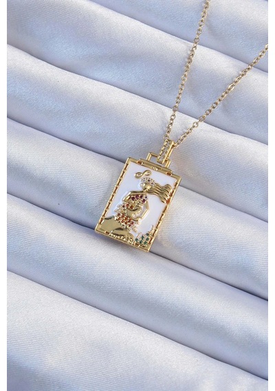 316l Çelik Zincir Gold Renk Beyaz Mineli Tarot Kolye Çok Renkli