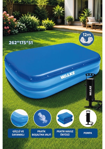 Walke Şişme Aile Havuzu 262x175x51 Cm Büyük Boy Dikdörtgen Havuz - Pompa Ve Havuz Örtüsü Dahil 14106 Mavi