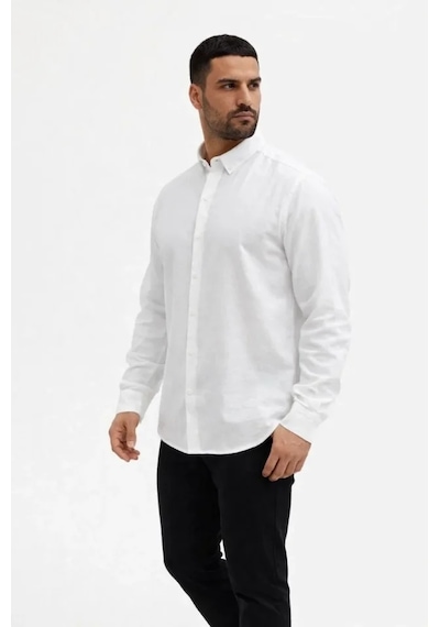 Hazego Erkek Keten Kumaş Oversize Uzun Kollu Rahat Kalıp Gömlek - Beyaz