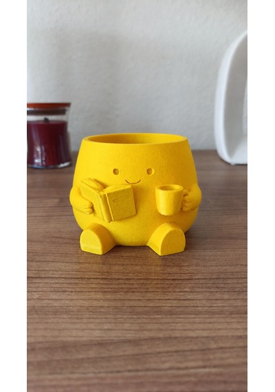 3d Baskı Kitap Okuyan Saksı - Kupa Tutan Sevimli Saksı-sarı