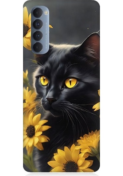 Oppo Reno 4 Pro Uyumlu Sarı Çiçekler Ve Kara Kedi Desenli Silikon Kılıf