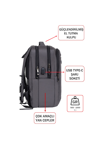 Dada 11 Gri Erkek Sırt Çantası Okul Ve Günlük Kullanım 13,3-14 İnç Usb Type-c Aparat Ortopedik Gri
