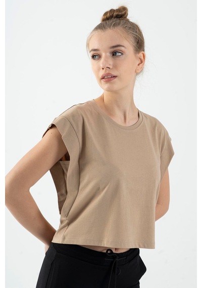Maraton Regular Kadın Bisiklet Yaka Açık Vizon Crop Top Vizon