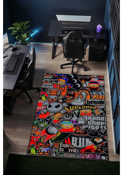 Sticker Bomb Karışık Desen Yıkanabilir Kaymaz Taban Genç Odası Halısı Gnc8