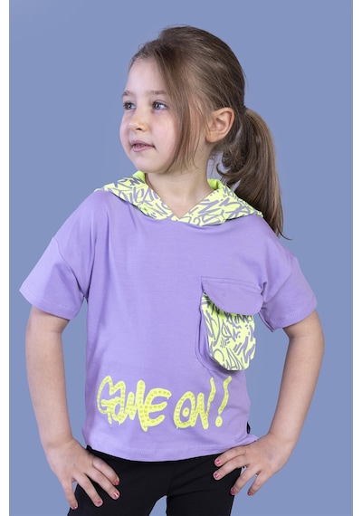 Toontoy Kids Toontoy Kız Çocuk Cep Detaylı Kapüşonlu Baskılı Tişört Lila