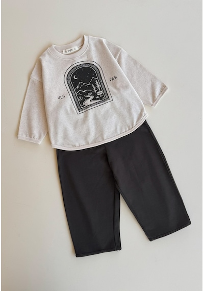 Cigit Oversize Uzun Kollu T-shirt Takım 2-8 Yaş Bej Melanj