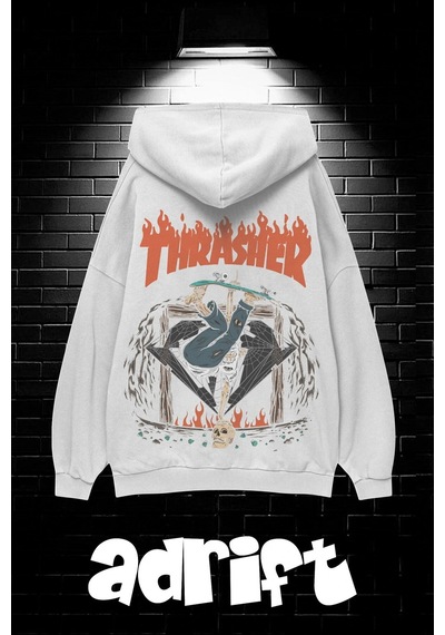 Startmore Unisex Oversize Kapüşonlu Kanguru Cepli Thrasher Baskılı Sweatshirt Hoodie Beyaz Beyaz