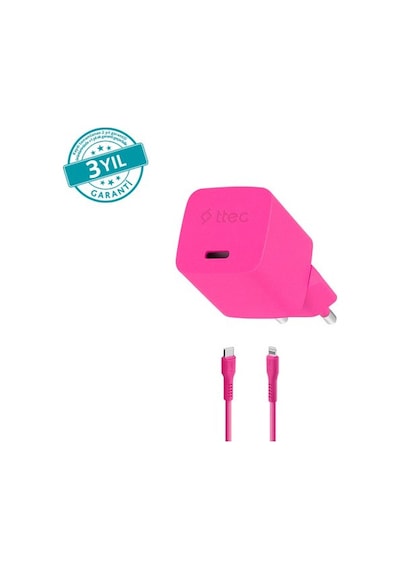 Ttec Smartcharger Gan 20w Pd Seyahat Hızlı Şarj Aleti + Usb-c - Lightning 120cm Kablo Neon Pembe