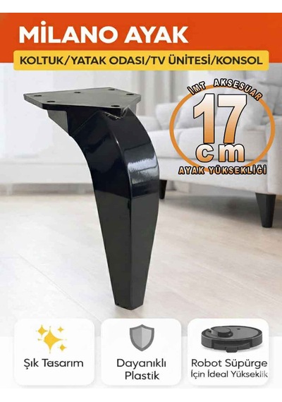 İmt Aksesuar Milano 17 Cm Siyah Mobilya Ayağı - Robot Süpürge Uyumlu Koltuk, Tv Ünitesi, Konsol,dolap Ayak Siyah