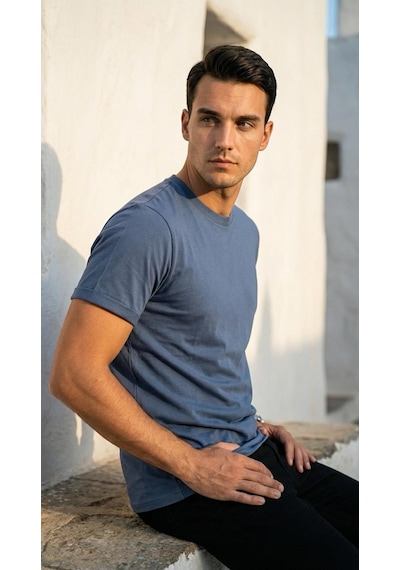 Plus Scorpion T02 Kol Katlama Erkek Slim Fit Basic Tişört Bisiklet Yaka, Düz Kumaş, Yazlık Model İndigo