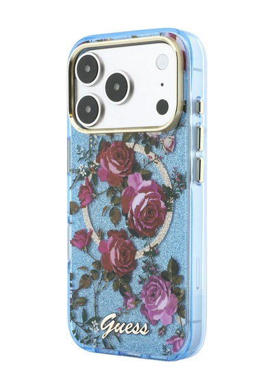 Apple iPhone 18 Pro Uyumlu Kılıf Guess Lisanslı M-safeli Gül Desenli Simli Yazı Logolu Kapak Açık Mavi